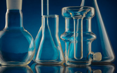 Lab glassware, science laboratory research and development concept