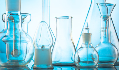 Lab glassware, science laboratory research and development concept