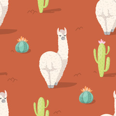 Seamless pattern with alpaca - south america's lama and cactus with flower. Vector illustration.