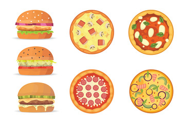 Vector illustration of various fast food. Cartoon pizza and burger isolated illustration