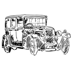 Old black classic car isolated on white background. Hand drawn illustration with vintage car of early 20th century. Stylish auto model. Freehand graphic design art for logo, emblem, prints, posters.