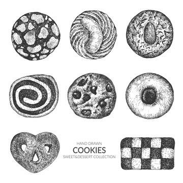 Set of cookie. Hand drawn top view collection with ink and pen. Vintage black and white illustration. Sweet and Baked vector element.