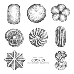 Set of cookie. Hand drawn top view collection with ink and pen. Vintage black and white illustration. Sweet and Baked vector element.