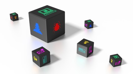 Black cubes with colored  cybersecurity icons