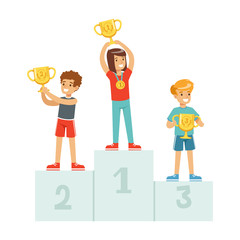 Happy children standing on the winner podium with prize cups and medals, sport athletes kids on pedestal cartoon vector Illustration