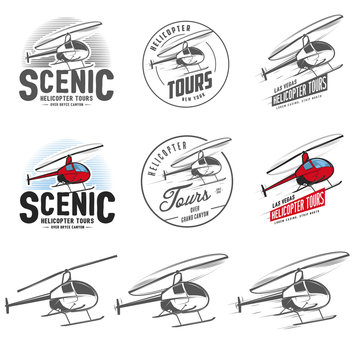 Set of retro helicopter related emblems, labels and design elements. Isolated helicopter on white background