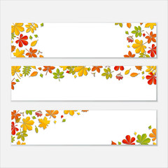 Horizontal Banner set with Autumn falling leaf on white background.