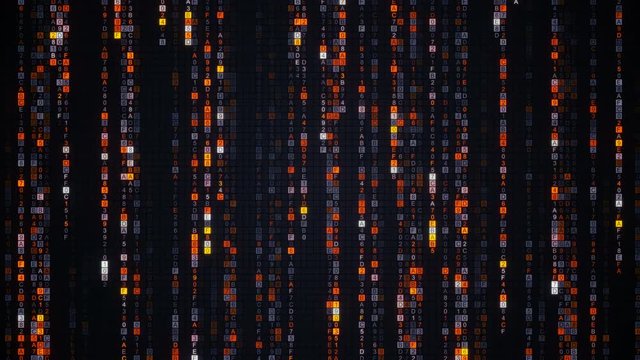 Orange matrix rain of digital HEX code. Computer generated abstract technology concept. Seamless loop animation 4k UHD (3840x2160) 

