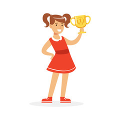 Happy school girl in red dress holding winner cup, kid celebrating her victory cartoon vector Illustration