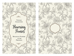 Invitation card with flowers. Blossom design for you personal cover. Peony pattern. Floral theme for book cover. Botanical texture illustration in style of engraving. Vector illustration.