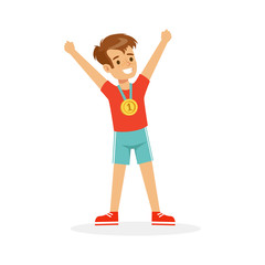 Fototapeta premium Young happy boy with a first place medal, athletes kid celebrating his golden medal cartoon vector Illustration