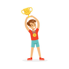 Young athletes boy holding winner cup, kid celebrating his victory cartoon vector Illustration