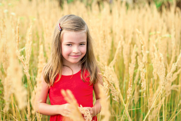 Portrait a dreaming kid girl among high field grass at summer day
