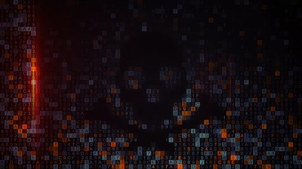 Scanning skull shape of hex code on screen. Internet piracy and online security concept. Computer generated seamless loop animation 4k UHD (3840x2160)
