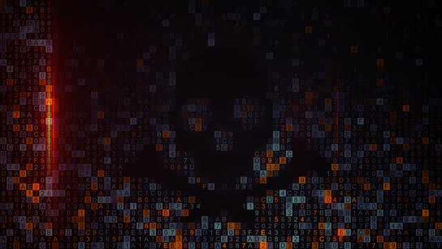 Scanning skull shape of hex code on screen. Internet piracy and online security concept. Computer generated seamless loop animation 4k UHD (3840x2160)
