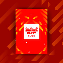 Abstract Summer Party Minimalist Poster Template Design - Creative Vector Illustration for Cover, Flyer - Yellow Curves Lines on Red Background with White Square