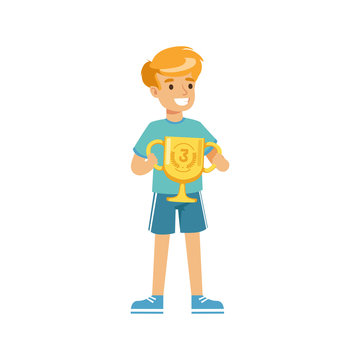 Young athletes boy holding winner cup, kid celebrating his third place cartoon vector Illustration