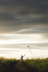 Fototapeta premium Back view of girl holding kite and running in field under sky with overcast.