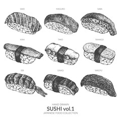 Set of sushi. Hand drawn with ink and pen. Vintage black and white illustration. Japanese food vector element.