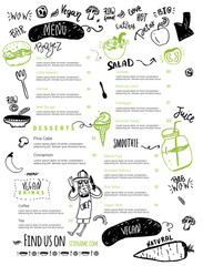 Vegan menu with hipster chef, doodle organic food and lettering. Funny ecological concept