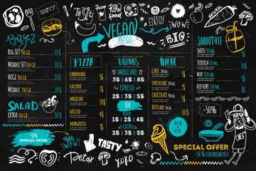 Vegan menu with hipster chef, doodle organic food and lettering. ecological concept on dark chalk board - obrazy, fototapety, plakaty