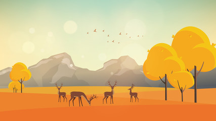 Autumn Vector Background Landscape with Reindeers.