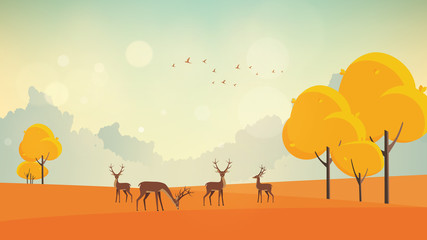 Fototapeta na wymiar Autumn Vector Background Landscape with Reindeers.