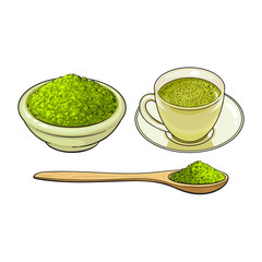 vector sketch cartoon hand drawn ceramic bowl of green mathca tea powder, bamboo spoon and cup of tea set. Isolated illustration on a white background. Traditional tea ceremony attribute, symbol
