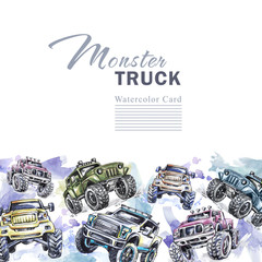 Watercolor cars horizontal border. Cartoon Monster Trucks frame. Colorful Extreme Sports background. 4x4. Off Road. Man's hobby. Adventures card. Transport template design. © AnasteZia