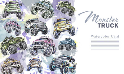 Watercolor cars vertical border. Cartoon Monster Trucks frame. Colorful Extreme Sports background. 4x4. Off Road. Man's hobby. Adventures card. Transport template design. - 169540765