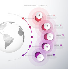 Obraz premium Infographic template with five circles and icons line up beside polygonal map - light version.