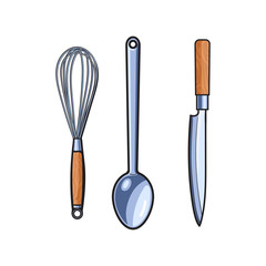 vector steak, chef knife stainless steel ladle, egg wire whisk sketch cartoon set. Isolated illustration on a white background. Kitchenware equipment utensil objects concept