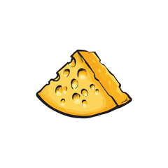 Vector sketch cartoon piece of yellow porous cheese with holes Isolated illustration on a white background. Healthy food dairy products, natural dieting concept