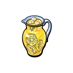 vector sketch cartoon lemonade glass jug, pitcher with handle. Isolated illustration on a white background. Fresh juicy cirtus drink. Healthy organic beverage full of vitamins, nutrients
