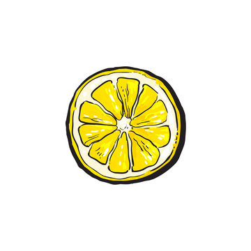 vector sketch cartoon colorful half of ripe lemon, sliced fruit object. Isolated illustration on a white background. Fresh juicy cirtus closeup. Healthy organic food full of vitamins, nutrients