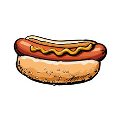 Vector sketch sausage hot dog with mustard sauce. Fast food hand drawn cartoon isolated illustration on a white background. fresh sandwich with sauce and salad