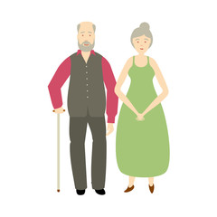 vector flat old grey-haired couple, man with mustage, beard and cane and woman in green dress. Isolated illustration on a white background. Full lenght portrait, Flat family characters concept