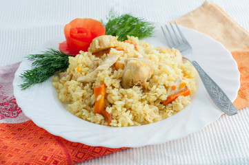 pilaf with meat on a white plate