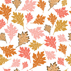 Autumn oak leaves pink and brown seamless pattern