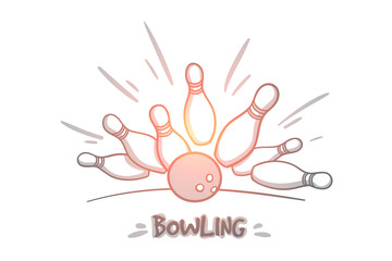 Bowling concept. Hand drawn skittles and bowling ball on the playing field. Bowling ball is making a strike isolated vector illustration.