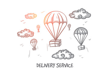 Delivery service concept. Hand drawn delivery goods with balloon. Transportation package isolated vector illustration.
