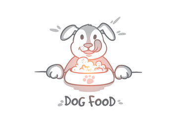 Dog food concept. Hand drawn hungry dog behind a big mound of food. Pet eating food isolated vector illustration.