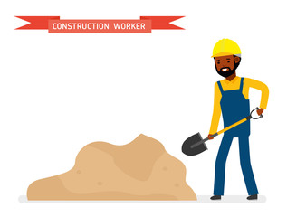 Construction worker with shovel near the sand. Isolated against white background. Vector illustration. African American people. Cartoon flat style.