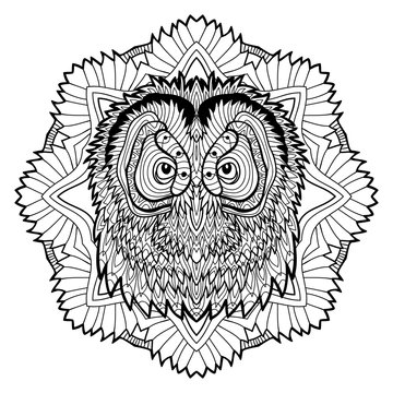 Animal concept. Line design. The head of a owl. Monochrome ink drawing with tribal patterns. Zenart. Coloring book for adults. T-shirt, bag design