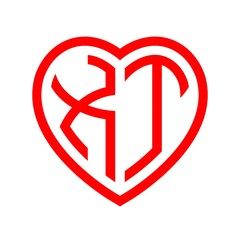 initial letters logo xt red monogram heart love shape