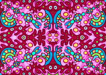 Ethnic ornament seamless pattern inspired by fusion of Ukrainian, Indian and Mexican traditional motifs, blue and pink colors felt-tip pens doodle drawing
