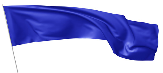 Long blue flag on flagpole flying in wind.