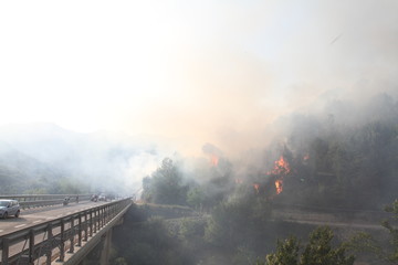 Antrodoco - Italy - August 28, 2017 - One of the forest fires sprawled on Mount Giano. Closed the road from Antrodoco to L'Aquila