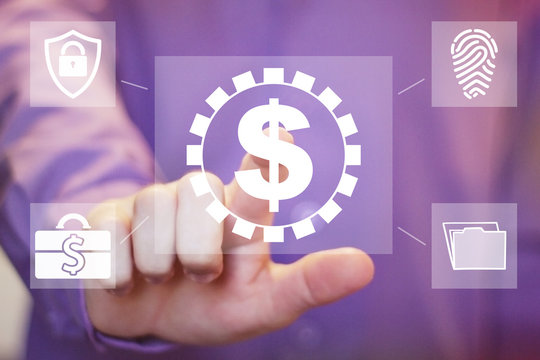 Businessman hand press dollar gear virtual button