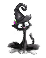 illustrated cute black furry cat with witch hat halloween